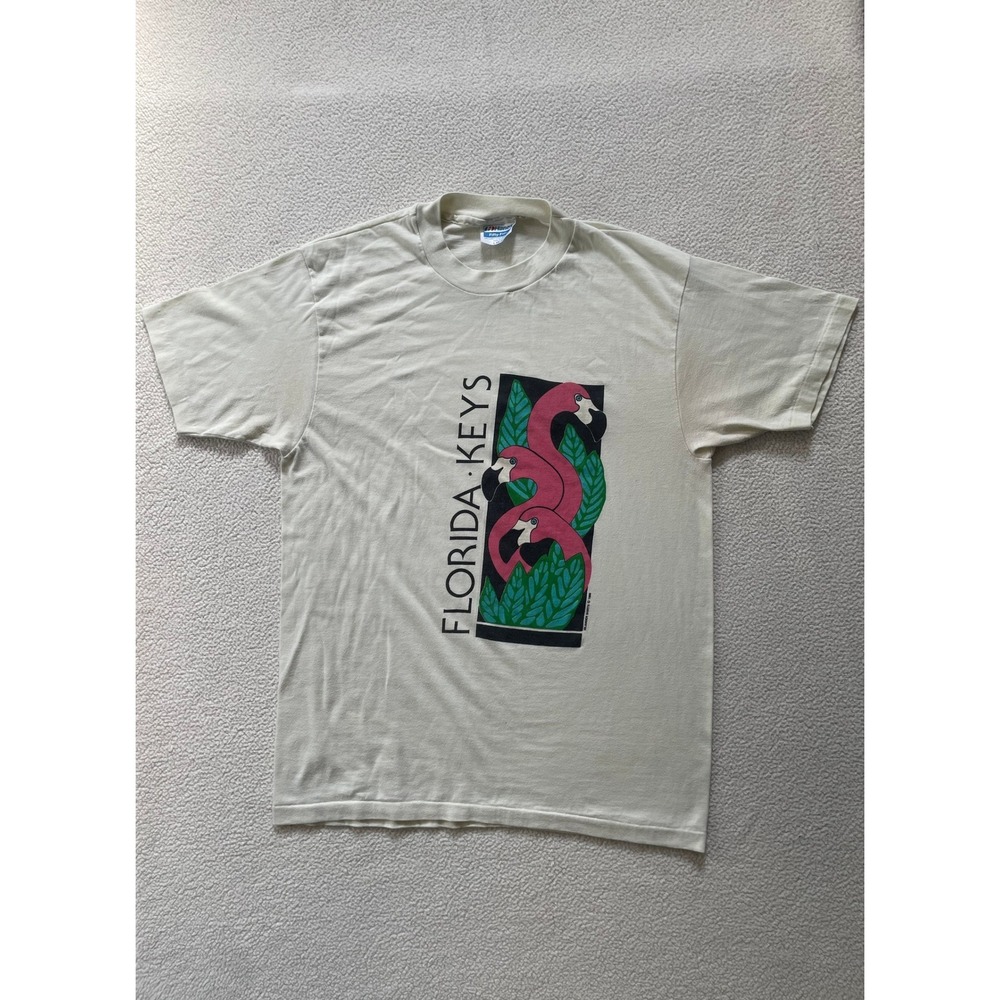 80s Vintage Single Stitch Hanes Mens Large T-Shirt‎ Cream Florida Keys Flamingo